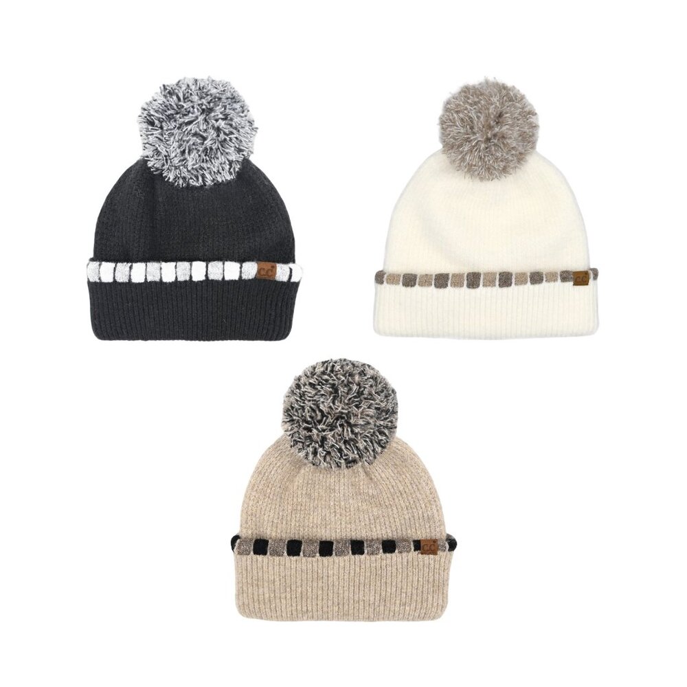 5. Neutral Horizontal Stripe Cuffed Pom Beanie NWT